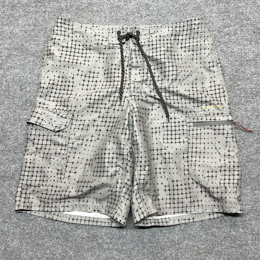 Simms Board Shorts Mens Medium Gray Geometric Swim Trunks Quick Dry Pockets